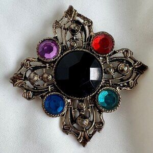 Multi Color Faceted Costume Gemstone Brass Tone Diamond Shape Brooch